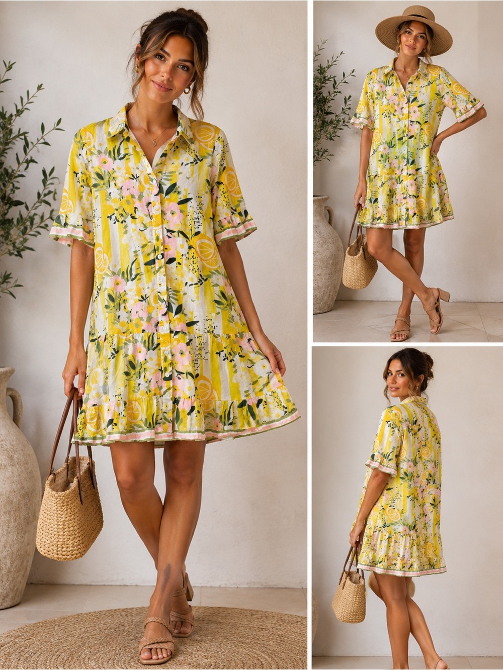 Isla Payal $245 Summer Floral Button-Front Shirt Dress in Yellow